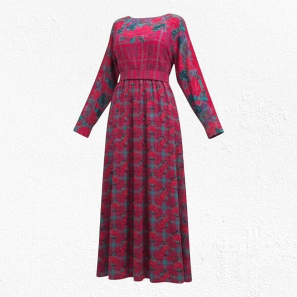 Vintage 80s Halston III Silk Floral Plaid Dress Red Pink Teal Belted Midi Size 4 - Picture 1 of 16